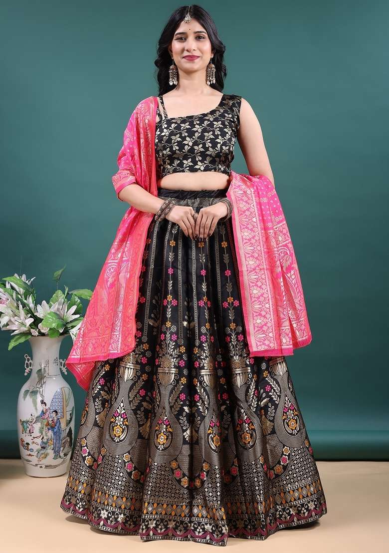 Black Jacquard Work Jacquard Lehenga Set for Diwali and Festive Wear - Indya