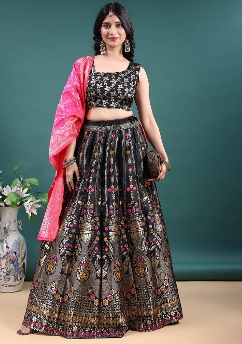 Black Jacquard Work Jacquard Lehenga Set - Indya