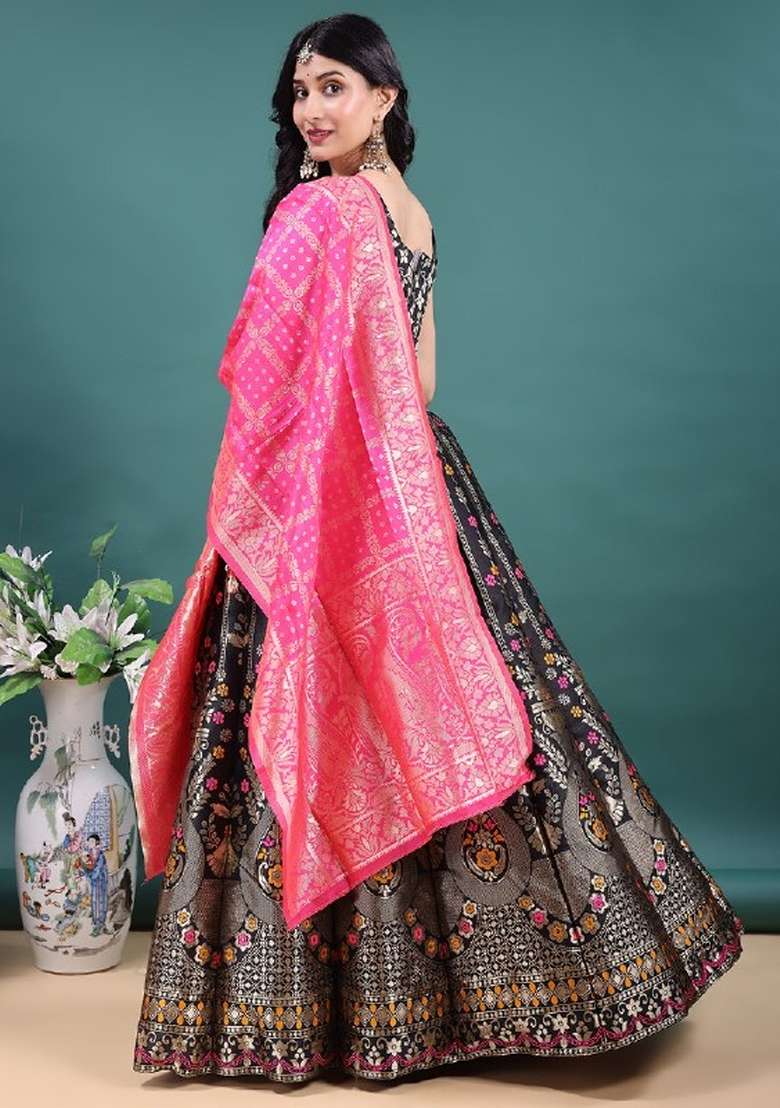 Black Jacquard Work Jacquard Lehenga Set for Diwali and Festive Wear - Indya