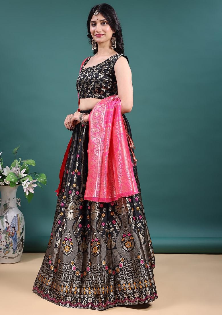 Black Jacquard Work Jacquard Lehenga Set - Indya
