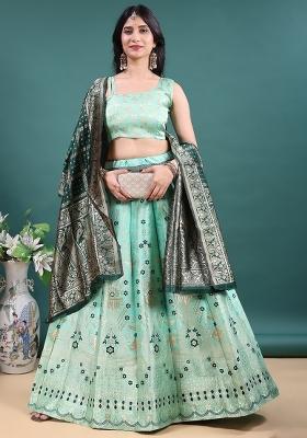 Sea Green Jacquard Work Jacquard Lehenga Set