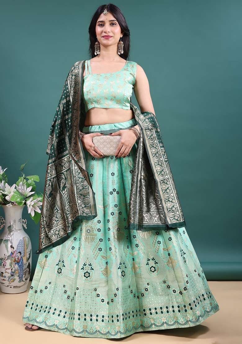 Sea Green Jacquard Work Jacquard Lehenga Set for Diwali and Festive Wear - Indya