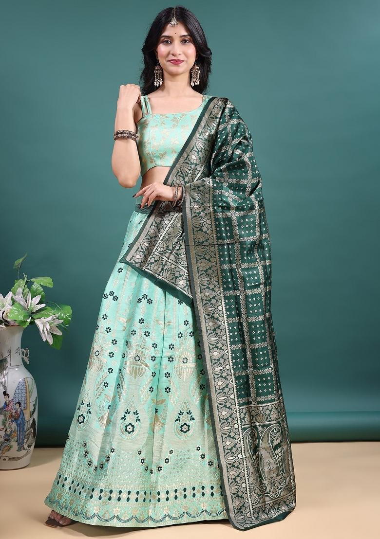Sea Green Jacquard Work Jacquard Lehenga Set - Indya