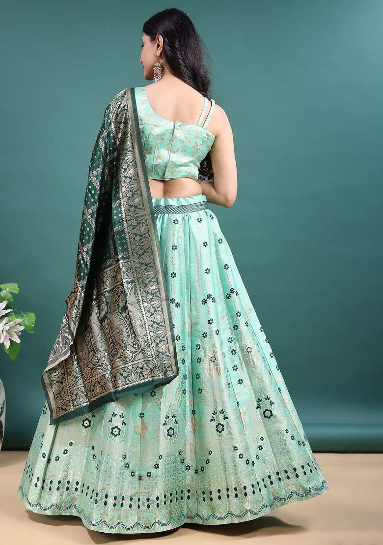 Sea Green Jacquard Work Jacquard Lehenga Set for Diwali and Festive Wear - Indya