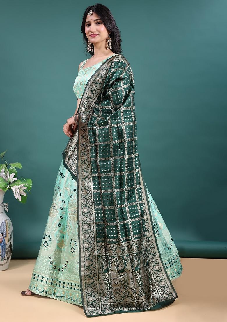 Sea Green Jacquard Work Jacquard Lehenga Set - Indya