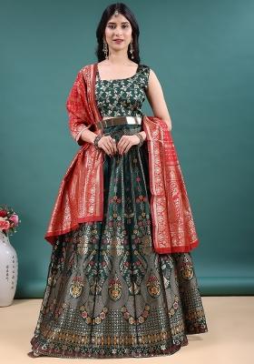 Green Jacquard Work Jacquard Lehenga Set