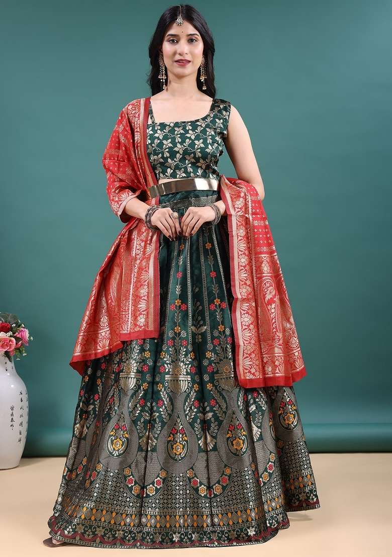 Green Work Jacquard Jacquard Lehenga Set for Diwali | Wedding & Festive Wear - Indya