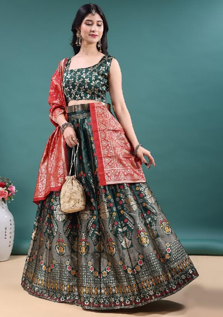 Green Jacquard Work Jacquard Lehenga Set - Indya