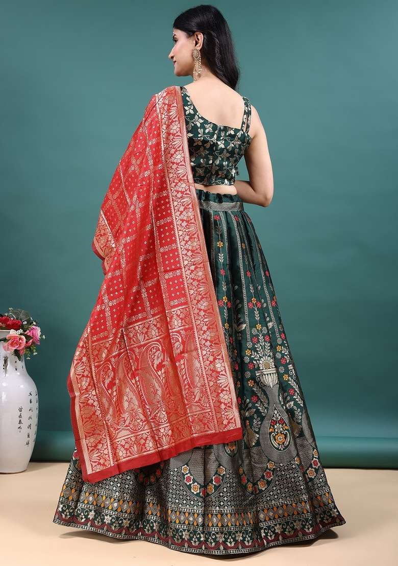 Green Work Jacquard Jacquard Lehenga Set for Diwali | Wedding & Festive Wear - Indya