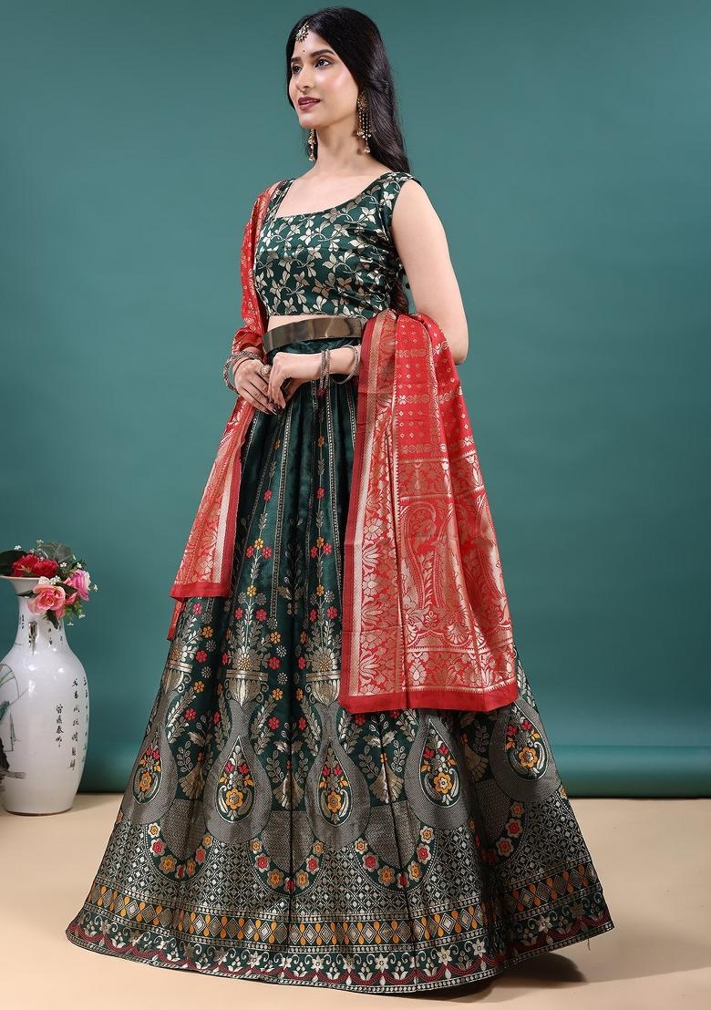 Green Jacquard Work Jacquard Lehenga Set - Indya