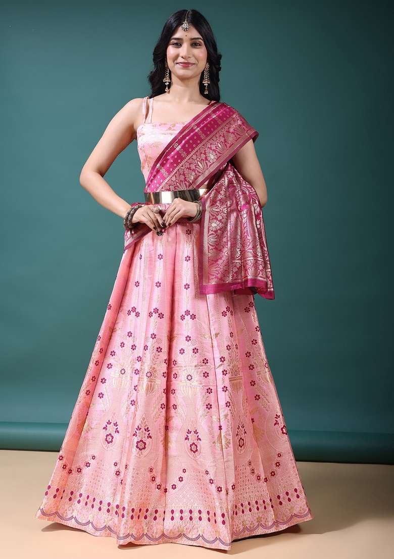 Light Pink Work Jacquard Jacquard Lehenga Set for Diwali | Wedding & Festive Wear - Indya
