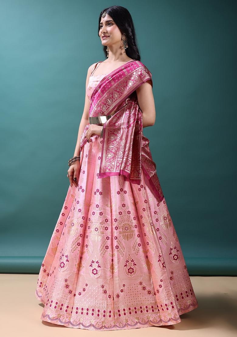 Light Pink Jacquard Work Jacquard Lehenga Set - Indya