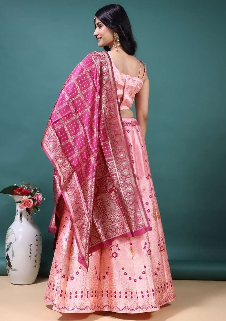 Light Pink Work Jacquard Jacquard Lehenga Set for Diwali | Wedding & Festive Wear - Indya