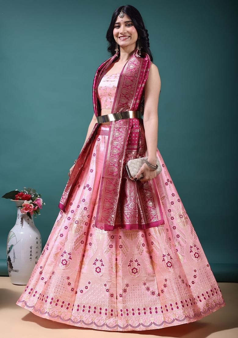 Light Pink Jacquard Work Jacquard Lehenga Set - Indya