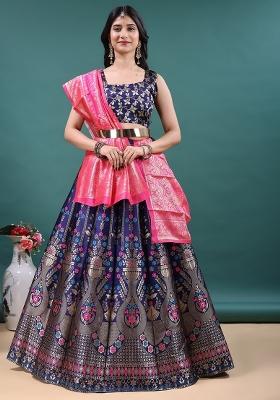 Navy Blue Jacquard Work Jacquard Lehenga Set