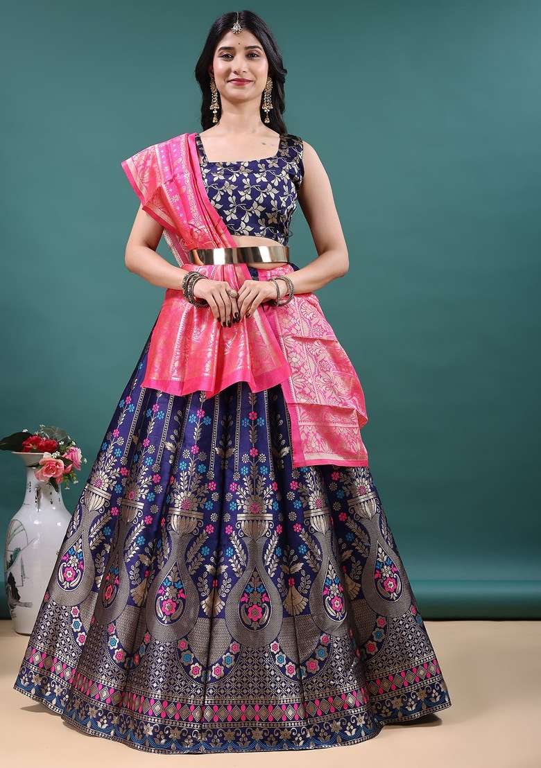 Navy Blue Jacquard Work Jacquard Lehenga Set for Diwali and Festive Wear - Indya