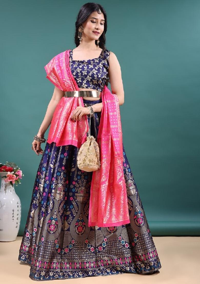 Navy Blue Jacquard Work Jacquard Lehenga Set - Indya