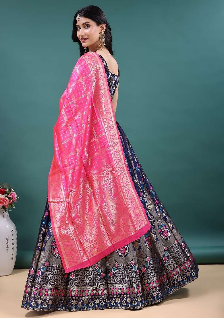 Navy Blue Jacquard Work Jacquard Lehenga Set for Diwali and Festive Wear - Indya