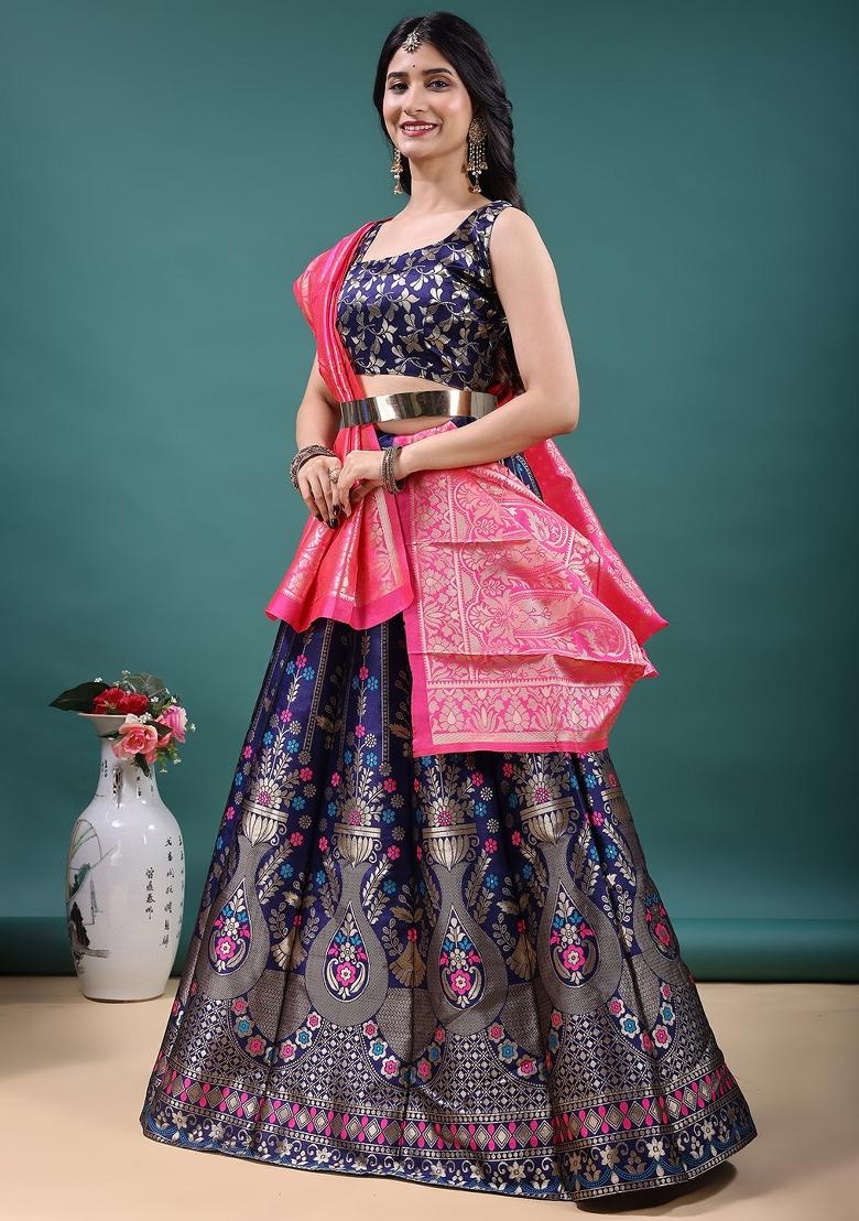 Navy Blue Jacquard Work Jacquard Lehenga Set - Indya