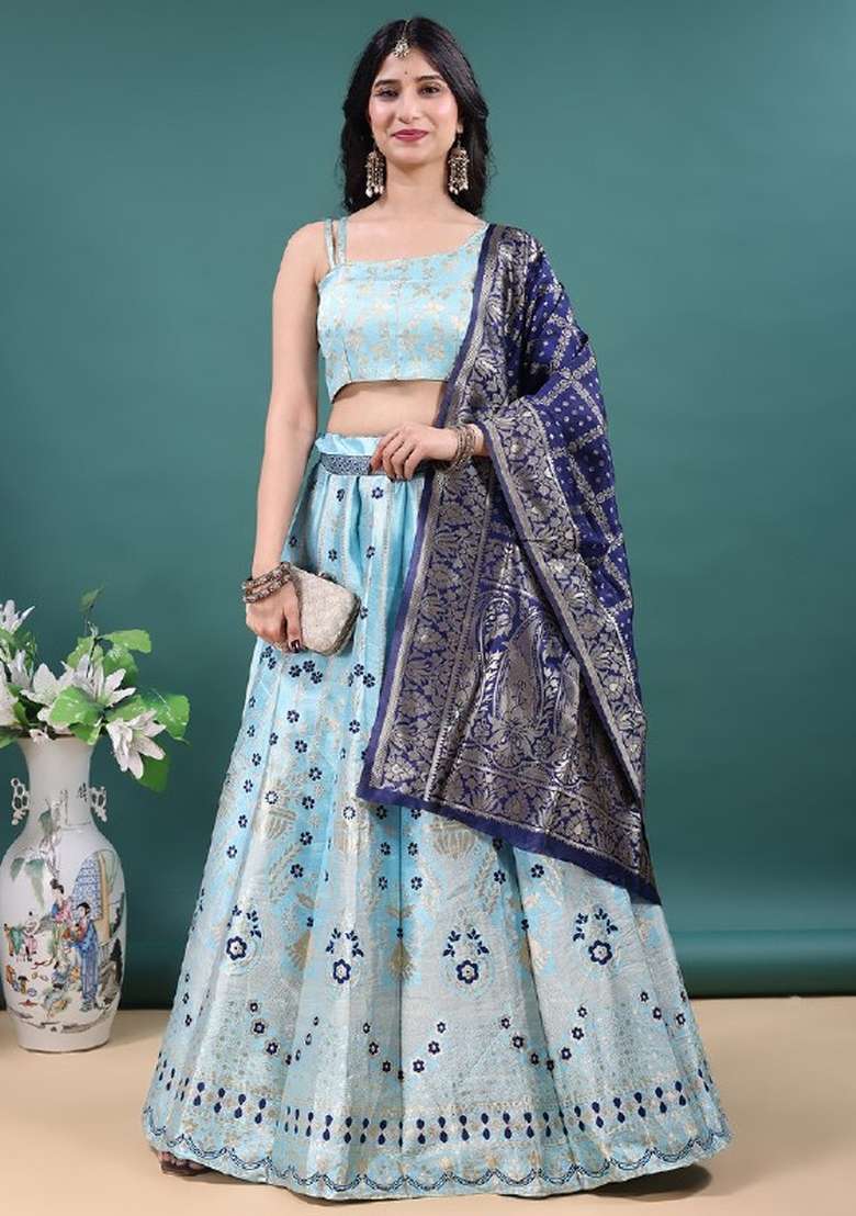 Sky Blue Work Jacquard Jacquard Lehenga Set for Diwali | Wedding & Festive Wear - Indya