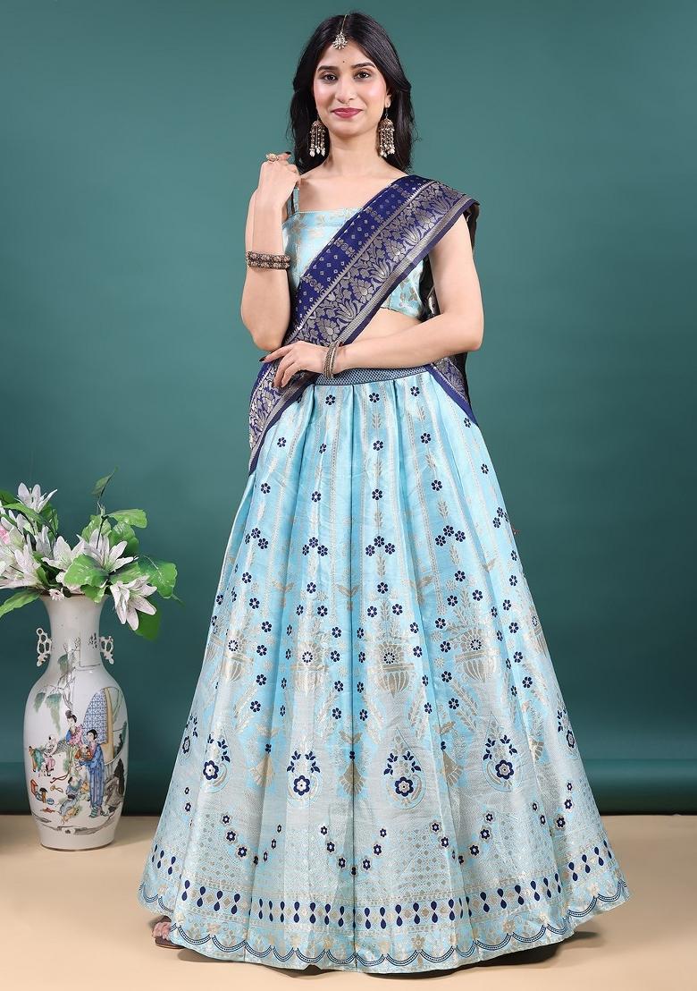 Sky Blue Jacquard Work Jacquard Lehenga Set - Indya