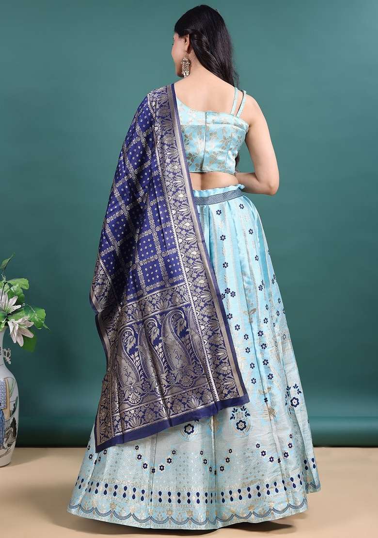 Sky Blue Work Jacquard Jacquard Lehenga Set for Diwali | Wedding & Festive Wear - Indya