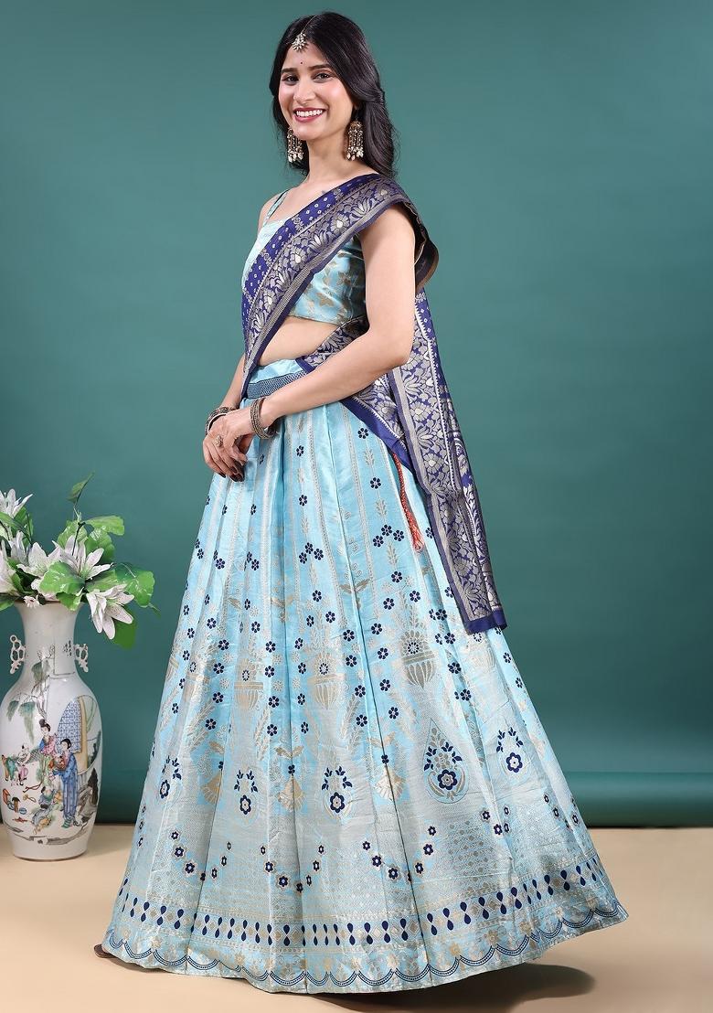 Sky Blue Jacquard Work Jacquard Lehenga Set - Indya
