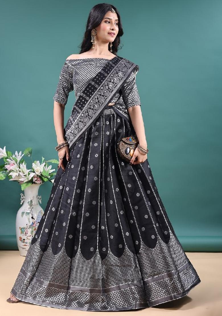 Black Jacquard Work Jacquard Lehenga Set - Indya