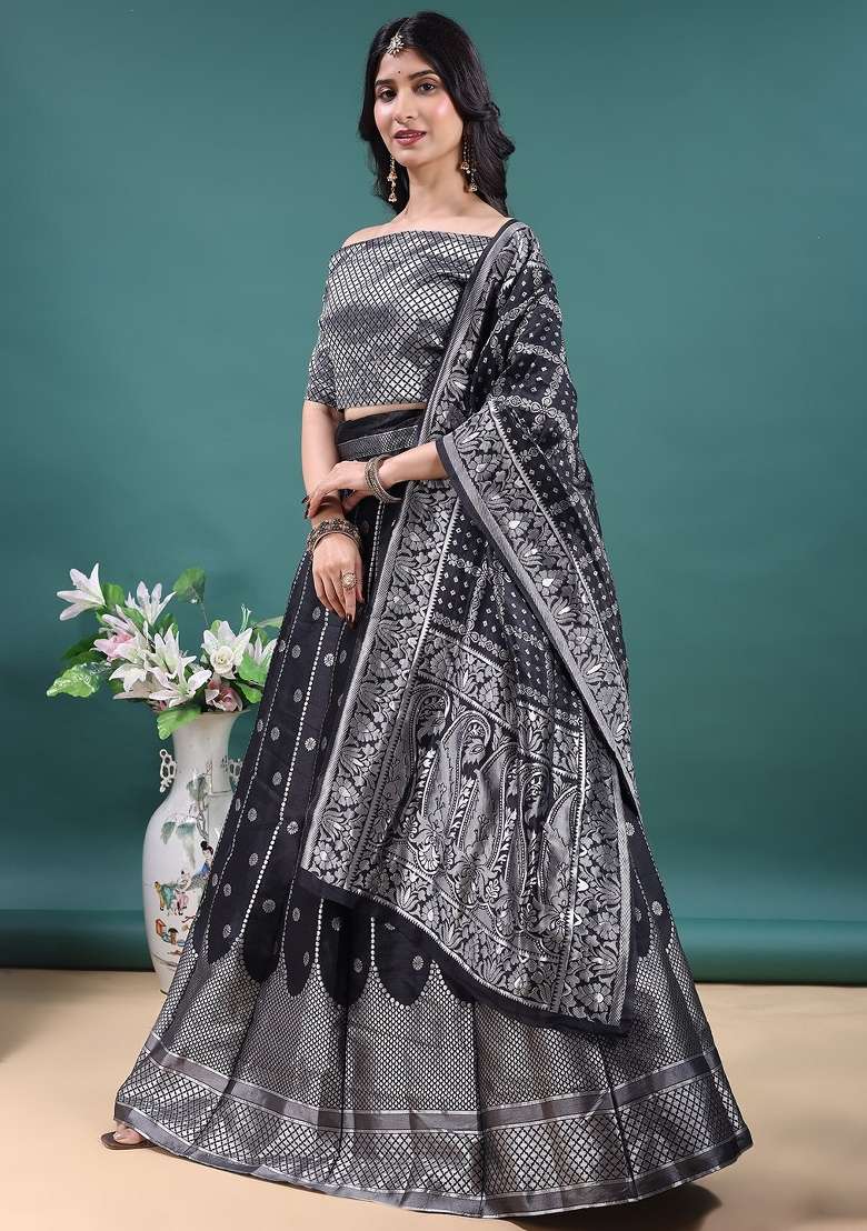 Black Work Jacquard Jacquard Lehenga Set for Diwali | Wedding & Festive Wear - Indya