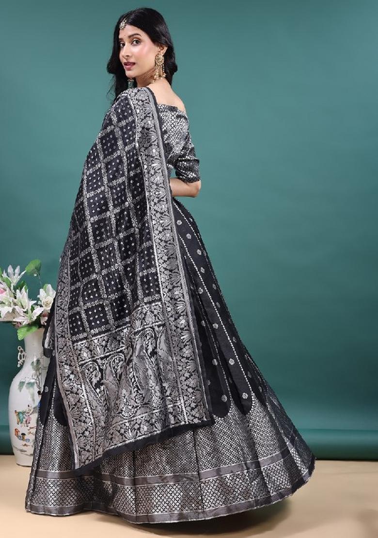 Black Jacquard Work Jacquard Lehenga Set - Indya