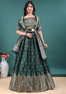Green Jacquard Work Jacquard Lehenga Set