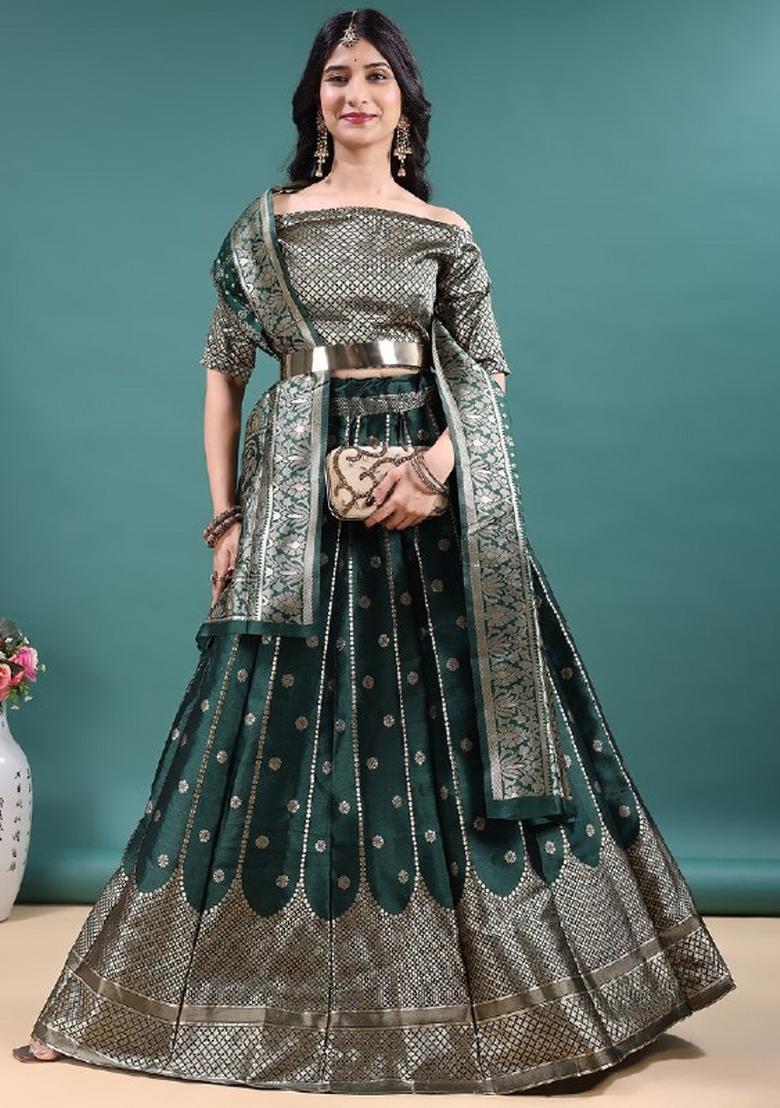 Green Jacquard Work Jacquard Lehenga Set - Indya