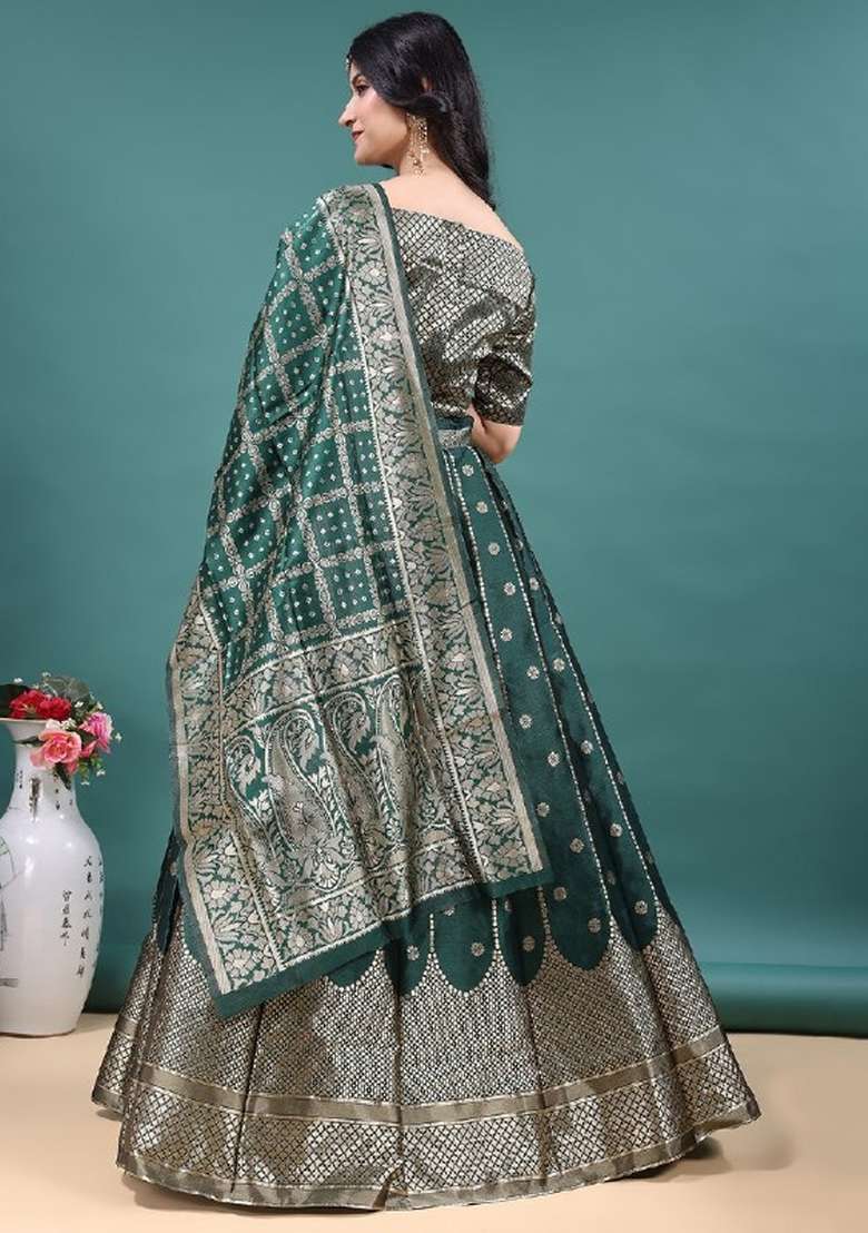 Green Jacquard Work Jacquard Lehenga Set for Diwali and Festive Wear - Indya