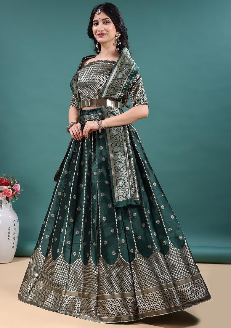 Green Jacquard Work Jacquard Lehenga Set - Indya