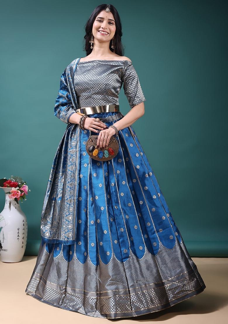 Blue Jacquard Work Jacquard Lehenga Set - Indya
