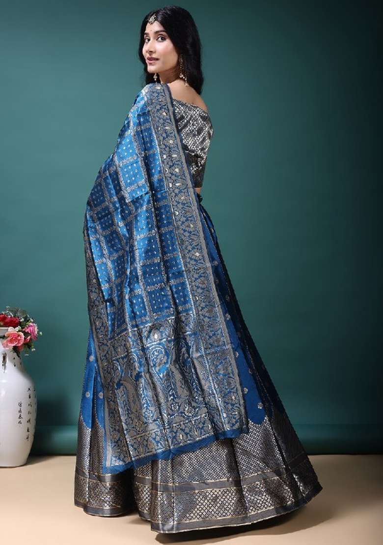 Blue Work Jacquard Jacquard Lehenga Set for Diwali | Wedding & Festive Wear - Indya