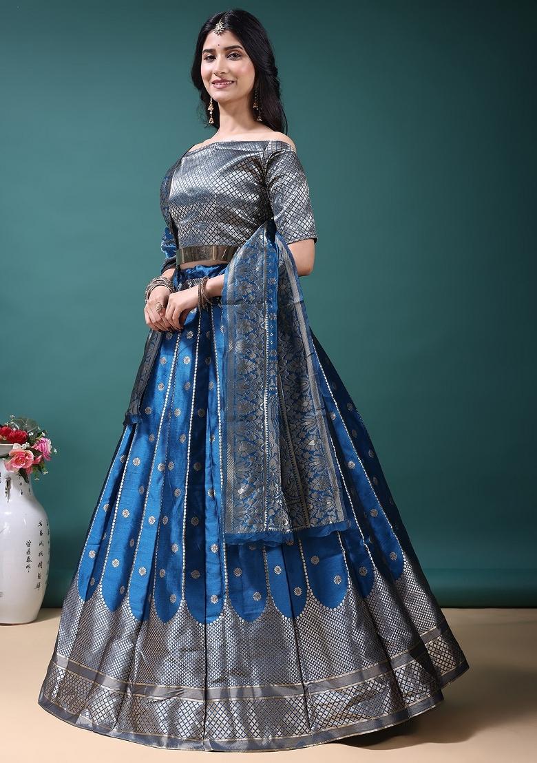Blue Jacquard Work Jacquard Lehenga Set - Indya
