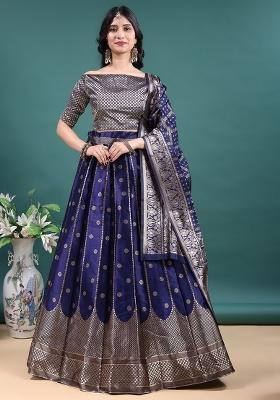 Navy Blue Jacquard Work Jacquard Lehenga Set