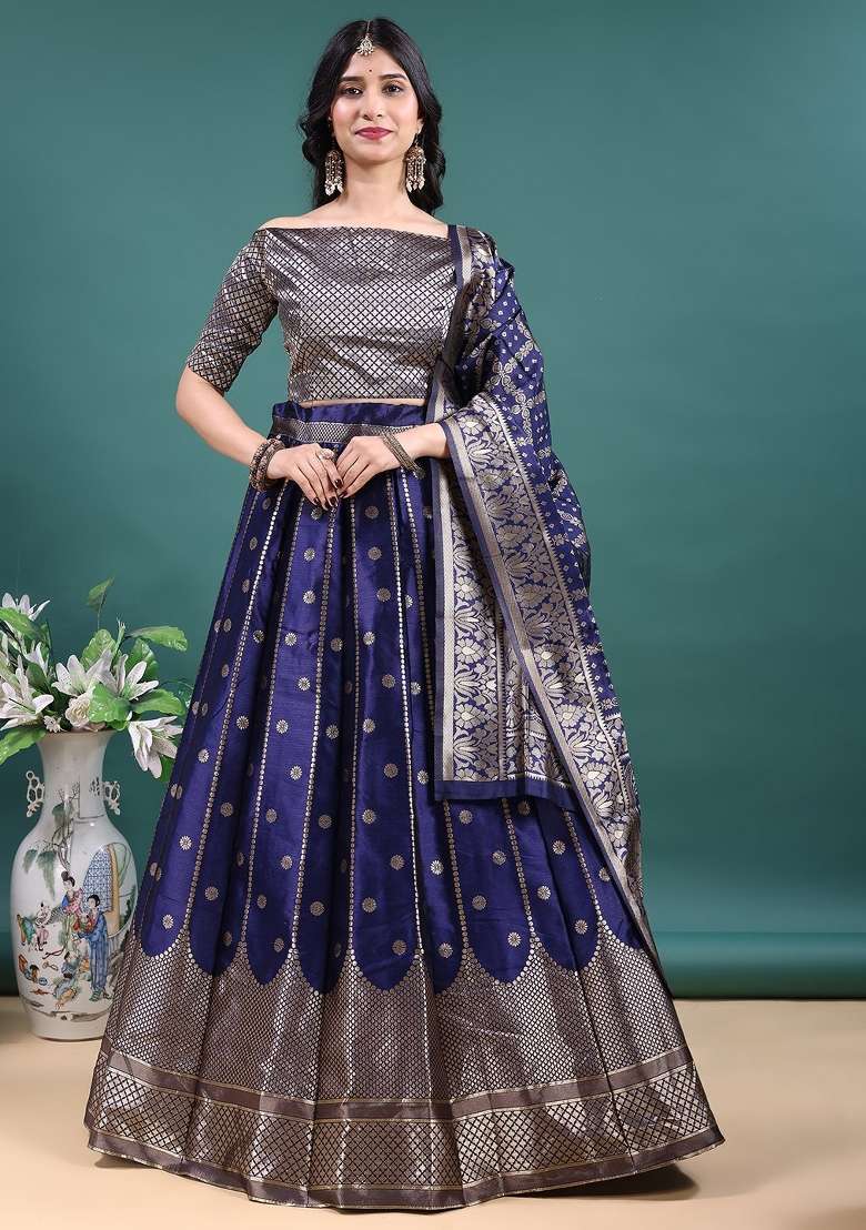 Navy Blue Jacquard Work Jacquard Lehenga Set for Diwali and Festive Wear - Indya