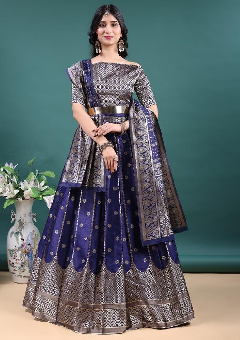 Navy Blue Jacquard Work Jacquard Lehenga Set - Indya