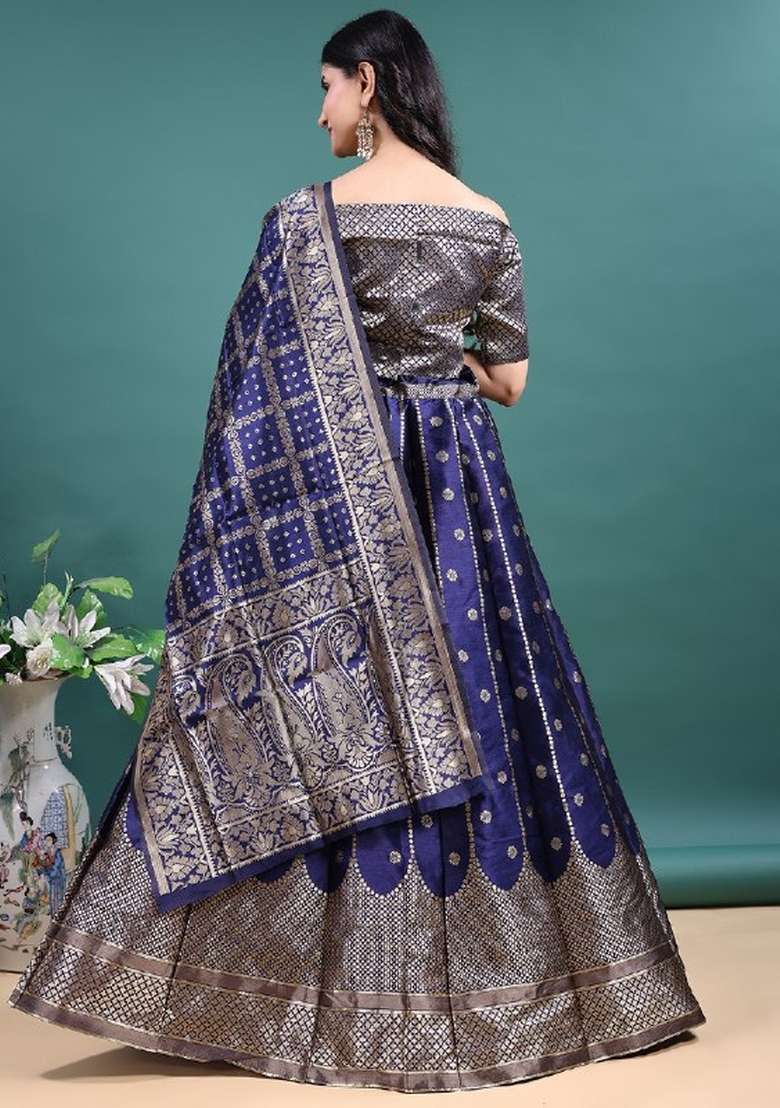 Navy Blue Jacquard Work Jacquard Lehenga Set for Diwali and Festive Wear - Indya