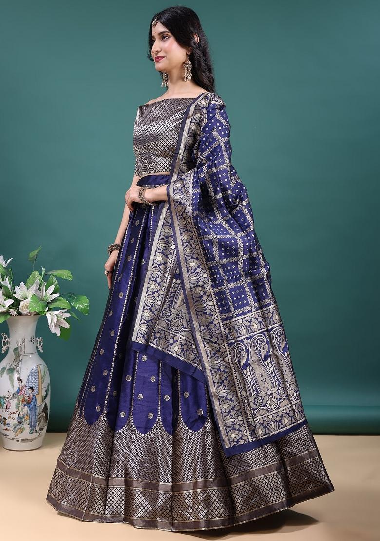 Navy Blue Jacquard Work Jacquard Lehenga Set - Indya