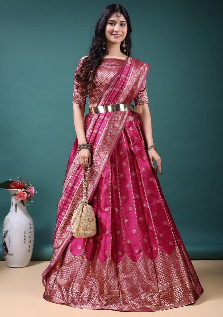 Pink Jacquard Work Jacquard Lehenga Set - Indya
