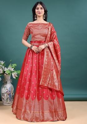 Red Jacquard Work Jacquard Lehenga Set