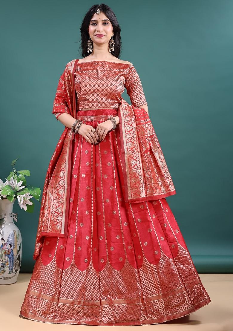 Red Jacquard Work Jacquard Lehenga Set - Indya