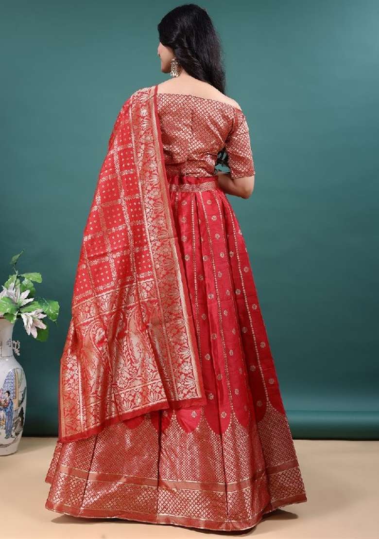 Red Work Jacquard Jacquard Lehenga Set for Diwali | Wedding & Festive Wear - Indya