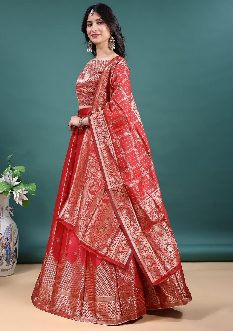 Red Jacquard Work Jacquard Lehenga Set - Indya
