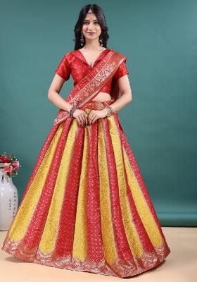 Red And Golden Jacquard Work Jacquard Lehenga Set