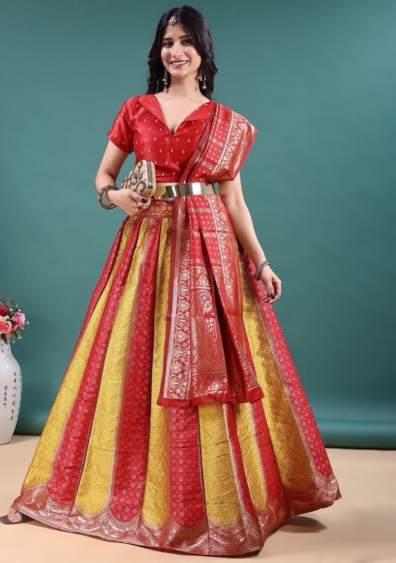 Red And Golden Jacquard Work Jacquard Lehenga Set - Indya