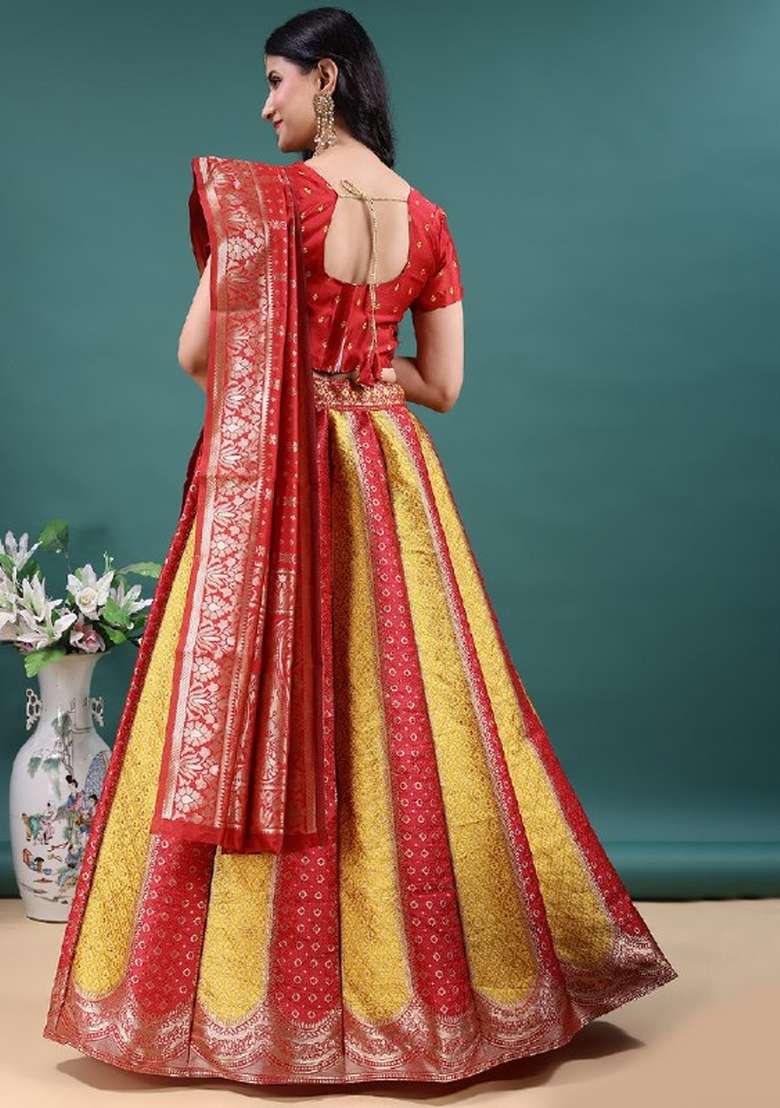 Red And Golden Work Jacquard Jacquard Lehenga Set for Diwali | Wedding & Festive Wear - Indya